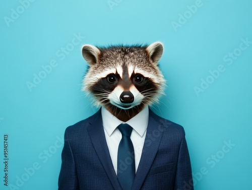 Elegant Man in Business Suit with Raccoon Head on Solid Color Background