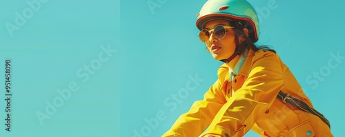 Woman in yellow jacket and helmet riding a bicycle outdoors