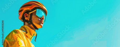 Woman in yellow jacket and helmet riding a bicycle outdoors