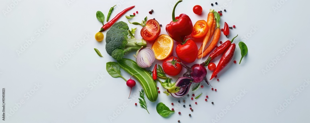 Colorful vegetable heart shape arrangement on white background. Colorful vegetable heart shape arrangement on white background.