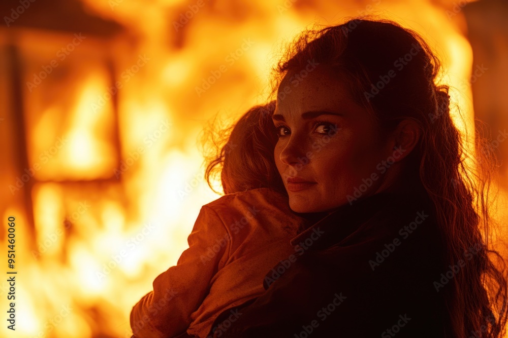 A mother bravely carries her daughter from a raging fire, showcasing strength and love A mother bravely carries her daughter from a raging fire, showcasing strength and love