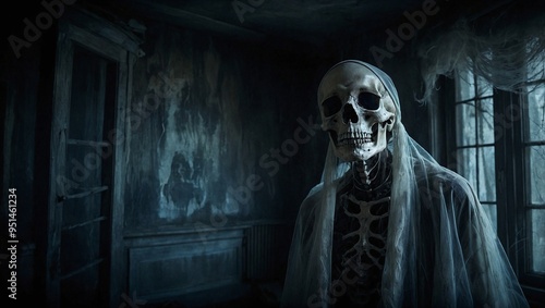Scary Skeleton inside Dark Haunted House