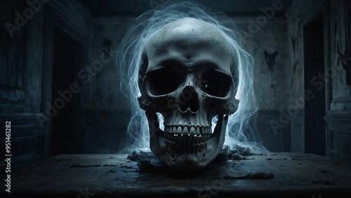 Scary Skull Head inside Dark Haunted House