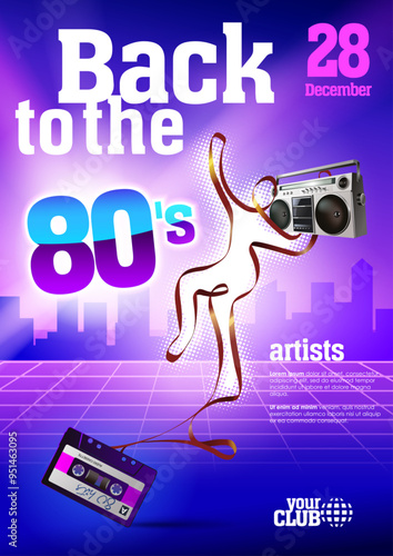 Back to the 80's party eighties style poster design. Audio cassette, silhouette of a dancing man from an audio tape, boombox recorder. Geometrical composition with city skyline. Editable EPS vector