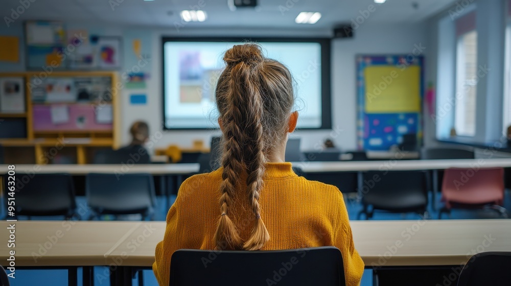 Student Studying in Classroom with Chalkboard