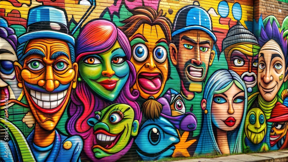 Vibrant graffiti mural with diverse cartoon characters, urban street art Vibrant graffiti mural with diverse cartoon characters, urban street art
