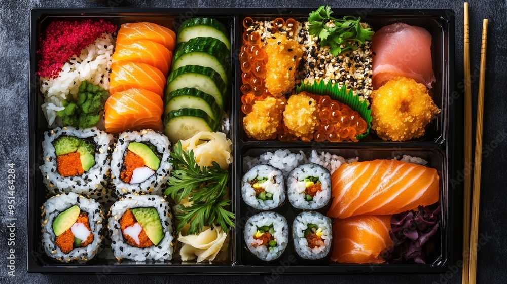 High-angle shot of a colorful bento box filled with sushi, tempura, rice, and vegetables, beautifully arranged in a compartmentalized box with chopsticks placed nearby, copy space for stock photo High-angle shot of a colorful bento box filled with sushi, tempura, rice, and vegetables, beautifully arranged in a compartmentalized box with chopsticks placed nearby, copy space for stock photo