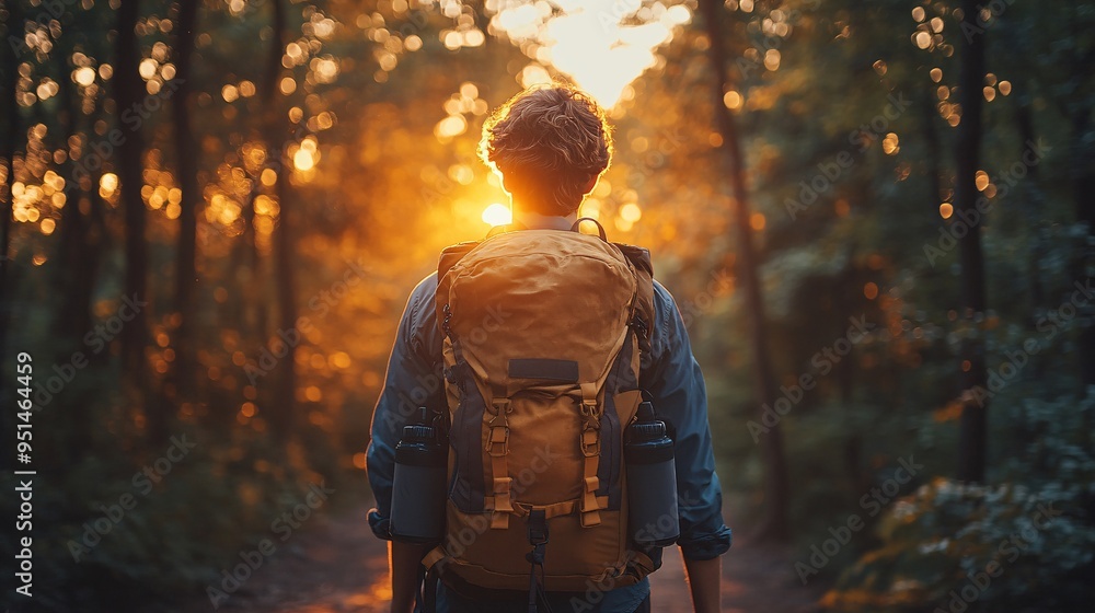 Hiker Walking Through a Forest at Sunset Hiker Walking Through a Forest at Sunset