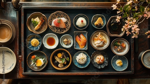 Traditional Japanese kaiseki meal with multiple small dishes featuring seasonal ingredients, artfully arranged on a lacquered tray, elegant fine dining atmosphere, copy space for stock photo with