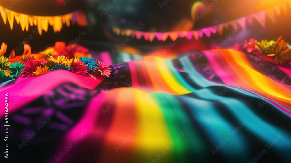 Vibrant close-up of a rainbow-striped fabric in motion blur, set against a black background with festive Mexican fiesta decorations. The scene features cinematic effects like volumetric lighting and b Vibrant close-up of a rainbow-striped fabric in motion blur, set against a black background with festive Mexican fiesta decorations. The scene features cinematic effects like volumetric lighting and b