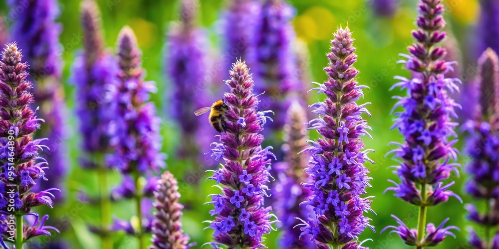 Naklejka premium Vibrant purple flowers of hyssop bloom amidst lush greenery, drawing in pollinators and adding a pop of color to the surrounding landscape's natural beauty.