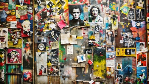 Collage of retro posters and graffiti on a grungy wall, urban street art