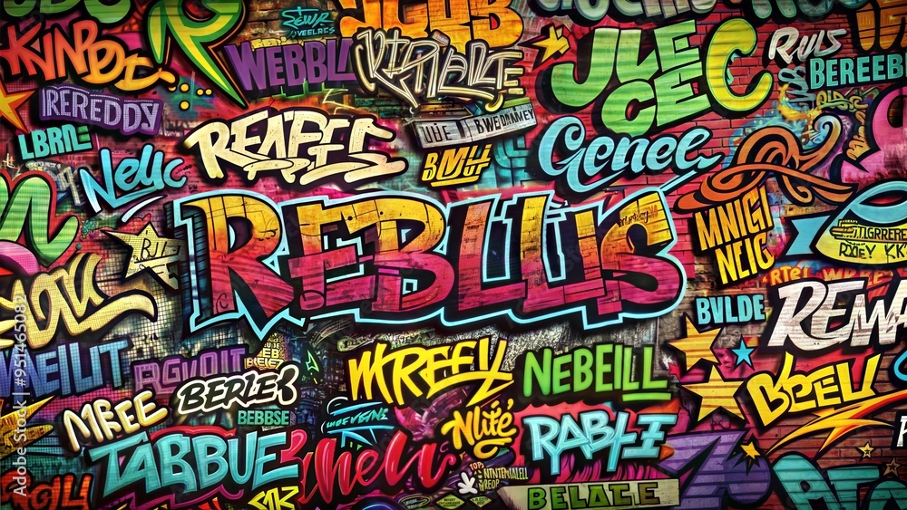 Naklejka premium Colorful graffiti-style words on a wall, urban street art