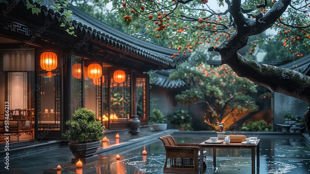 Chinese style courtyard, dusk, beautiful table, tea set, chair, a huge persimmon tree in the corner, after rain. Generative AI. Chinese style courtyard, dusk, beautiful table, tea set, chair, a huge persimmon tree in the corner, after rain. Generative AI.