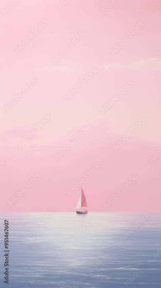 Fototapeta premium Minimal space pink sea watercraft sailboat outdoors.