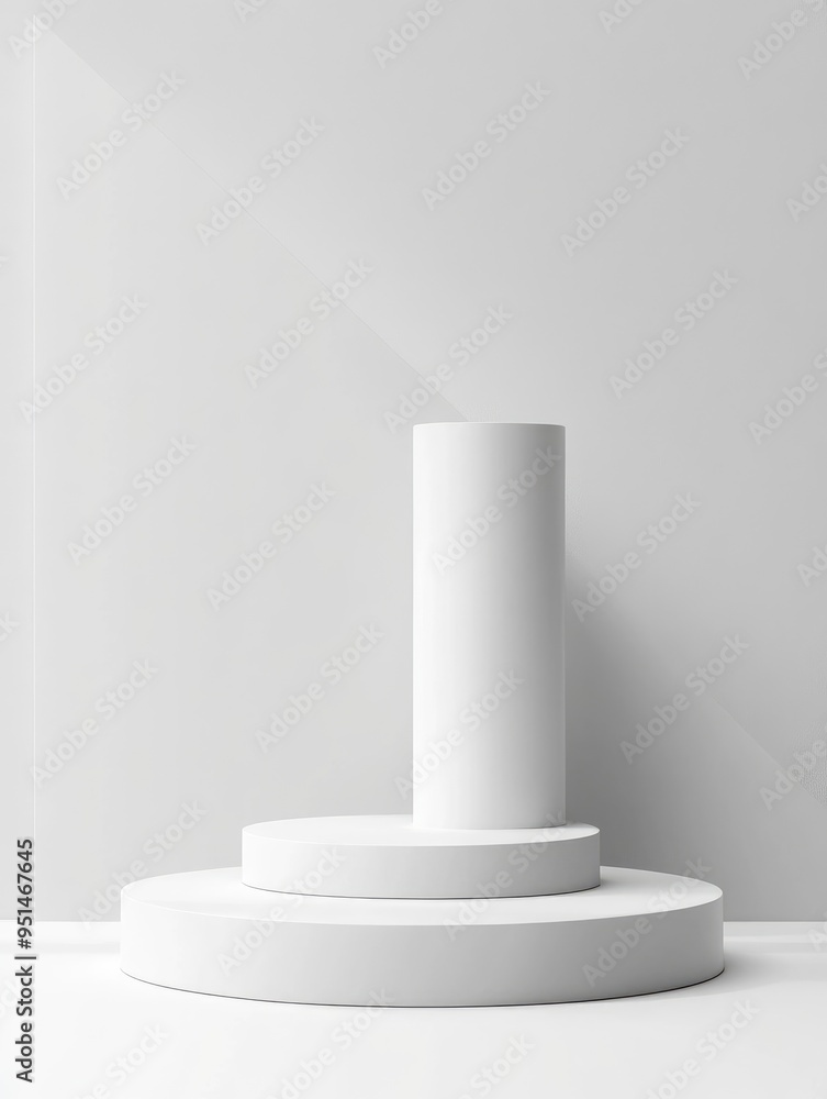 Fototapeta premium 3D realistic white cylinder product pedestal podium background. Minimal vertical pattern wall scene mockup product stage showcase, Promotion display. with generative ai