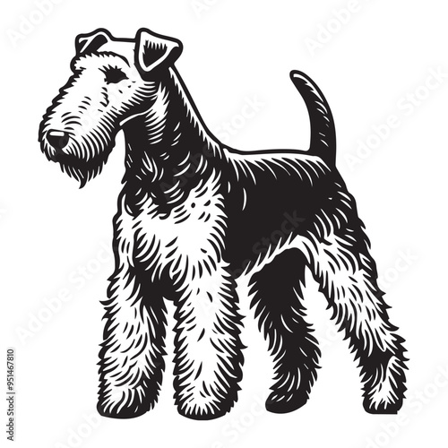 Airedale Terrier Dog Standing - standing dog side view Vector illustration in black and white
