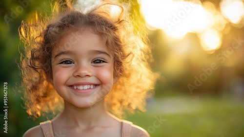 Beautiful portrait of a smiling child in a park, soft natural light and blurred background, taken with a mobile phone, capturing the moment perfectly, copy space for stock photo with minimal concept,