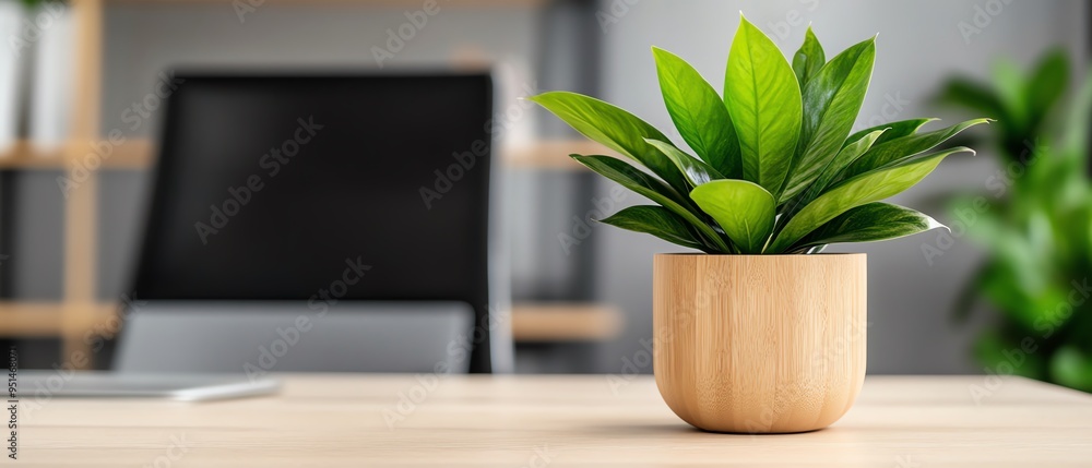 Office with sustainable materials, focus on ecofriendly design and wellbeing, natural and organic elements Office with sustainable materials, focus on ecofriendly design and wellbeing, natural and organic elements