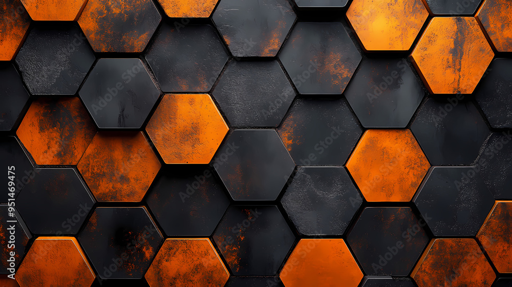 A detailed close up of a symmetrical black and orange hexagon pattern, showcasing the unique combination of colors and materials on a wooden rectangle backdrop. Symmetrical. Illustration