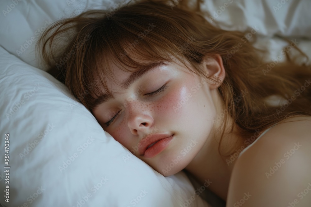 A serene young woman peacefully sleeps on a soft pillow. The light highlights her gentle features, creating a calming atmosphere. Perfect for lifestyle and relaxation themes. Generative AI A serene young woman peacefully sleeps on a soft pillow. The light highlights her gentle features, creating a calming atmosphere. Perfect for lifestyle and relaxation themes. Generative AI