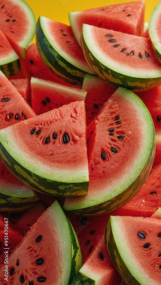 A close up of watermelon slices on a yellow background A close up of watermelon slices on a yellow background