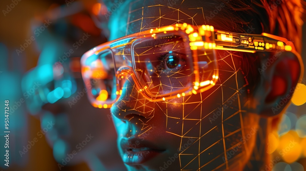 a woman wearing glasses with a futuristic interface on her face a woman wearing glasses with a futuristic interface on her face