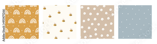 Bohemian Baby pattern. Set of Boho print for kids with bee, rainbow and flowers. Gender Neutral Nursery Cute Ornaments. Vector illustration in flat cartoon style.