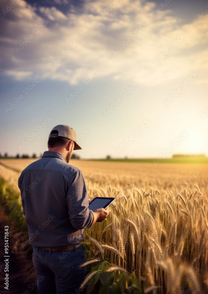 photograph of a man farmer with tablet working in wheat field. photograph of a man farmer with tablet working in wheat field.