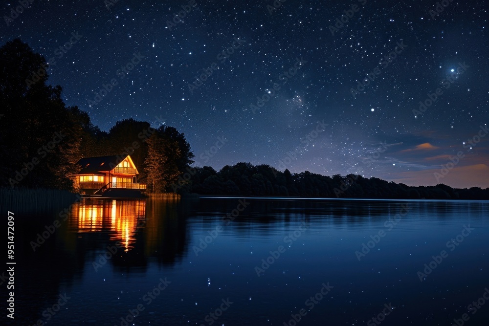 Fototapeta premium Lake with illuminated cottage architecture landscape building.