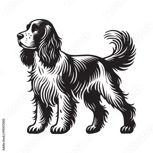 English Setter Dog Standing silhouette  - standing dog side view Vector illustration in black and white
