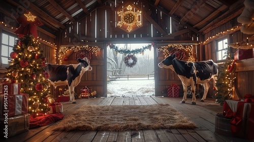 Inside a cozy barn decorated for Christmas, with two cows. Generative AI.