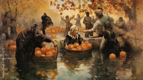 A festive scene of bobbing for apples, with participants in costumes, surrounded by a spooky vintage watercolor background photo