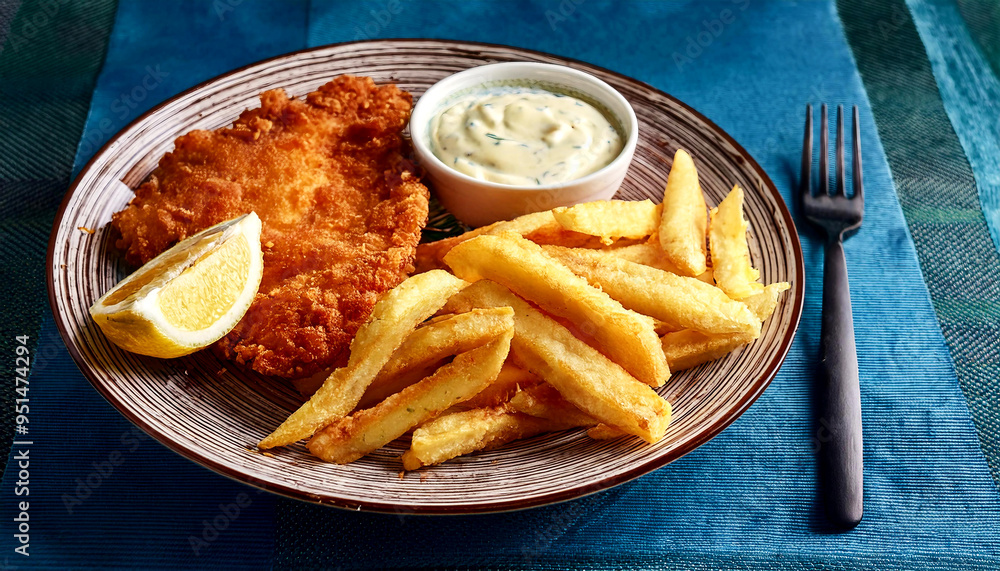 Crispy Fish and Chips with Tartar Sauce and Lemon Wedge Crispy Fish and Chips with Tartar Sauce and Lemon Wedge