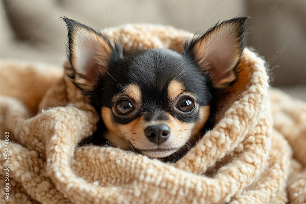 A small black and brown dog laying on top of a blanket