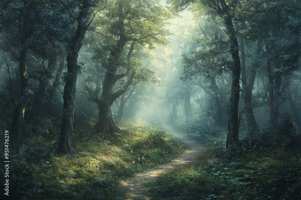 Obraz premium A serene forest path surrounded by tall trees and gentle light. This image captures the tranquility of nature, creating a peaceful atmosphere. Generative AI
