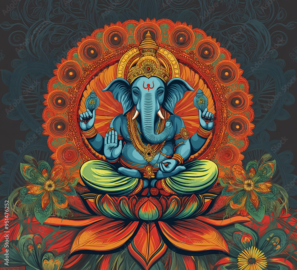 Fototapeta premium A depiction of Lord Ganesh in meditative pose surrounded by floral and mandala designs