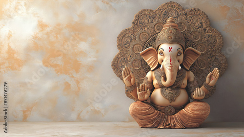 A sculpture of Lord Ganesh, seated meditatively among floral and mandala designs. photo