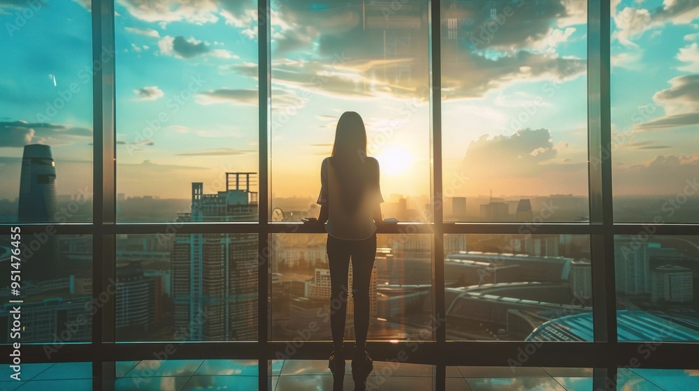 Young female engineer standing next to a large window with cityscape views, Young female engineer standing next to a large window with cityscape views,