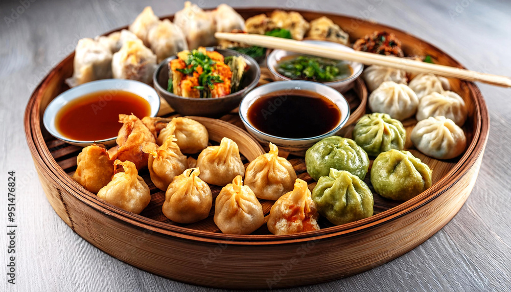 Dim Sum Platter with Dumplings, Buns, Spring Rolls, and Dipping Sauce Dim Sum Platter with Dumplings, Buns, Spring Rolls, and Dipping Sauce