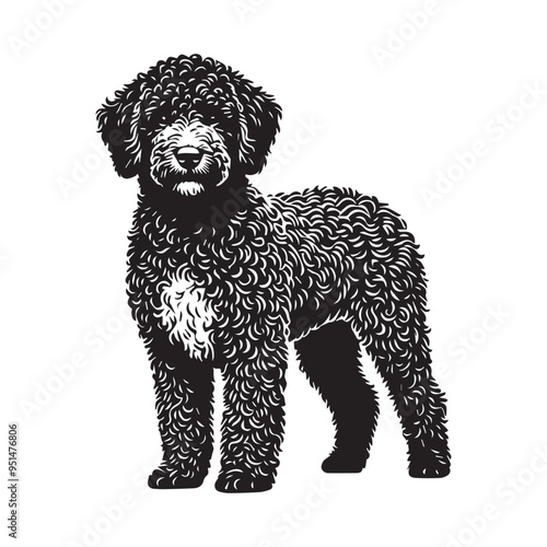 Lagotto Romagnolo Dog Standing silhouette - standing dog side view Vector illustration in black and white
