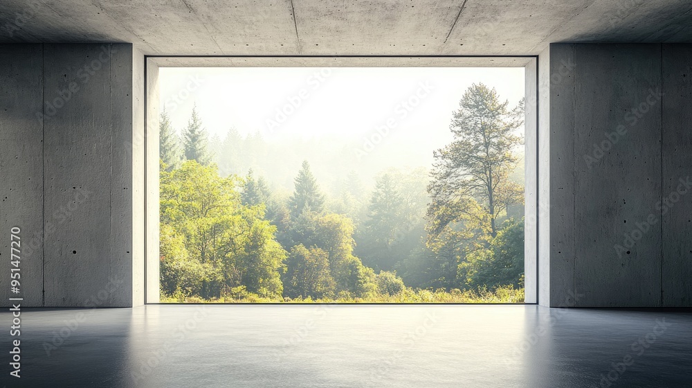 Large window in a concrete room with a view of a misty forest. Large window in a concrete room with a view of a misty forest.
