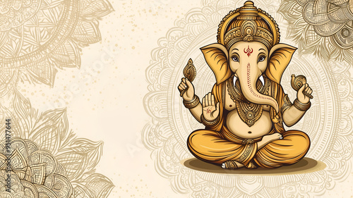 A rendering of Lord Ganesh, seated meditatively among floral and mandala designs. photo