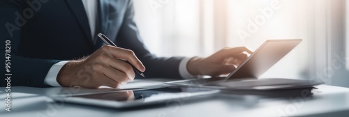 Businessman using tablet and laptop in office, business concept with close-up hand