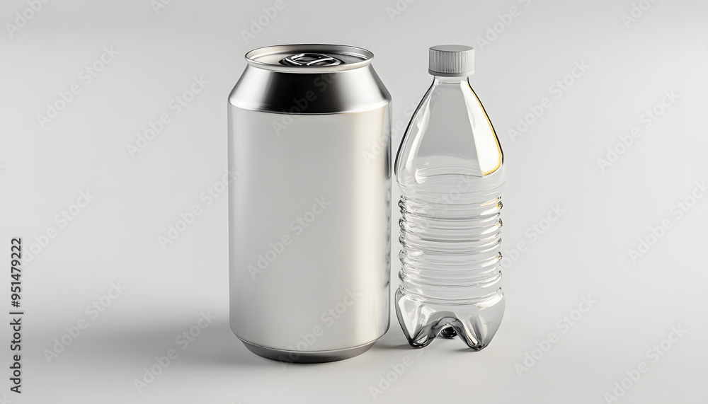 Silver Can and Plastic Bottle Standing Side by Side, Capturing the Contrast Between Metallic and Plastic Materials, Ideal for Highlighting Beverage Packaging, Comparative Studies of Container Types, a Silver Can and Plastic Bottle Standing Side by Side, Capturing the Contrast Between Metallic and Plastic Materials, Ideal for Highlighting Beverage Packaging, Comparative Studies of Container Types, a
