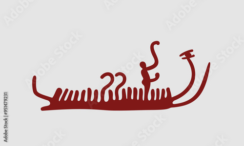 Bronze Age petroglyph from Sweden, Vector illustration isolated, Rowing ship with standing person, from the Massleberg rock art located near Strömstad in Bohuslän