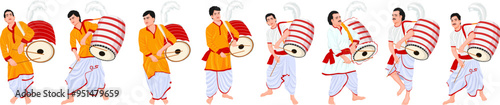Illustration of traditional Dhakis playing large Dhak, wearing ethnic attire, symbolic of Durga Puja celebrations, Durga Puja Dhaki 