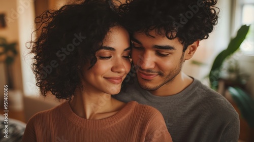 Stylish man and woman standing close to each other in a well-furnished room,