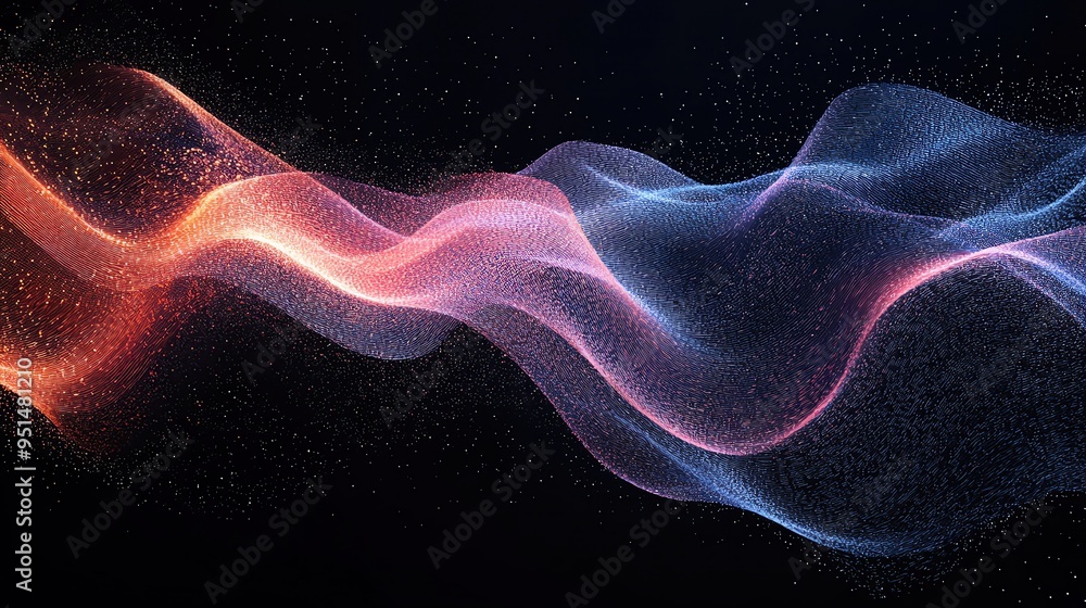 Fototapeta premium A mesmerizing wave of colorful light particles flowing through a dark background, creating a sense of motion and energy.