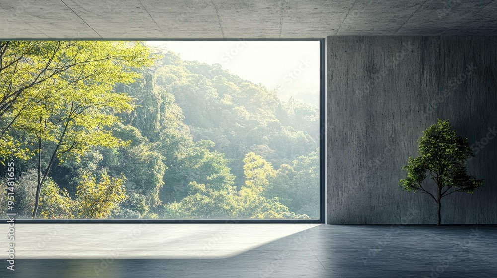 Minimalist interior with a large window overlooking a lush green forest. Minimalist interior with a large window overlooking a lush green forest.